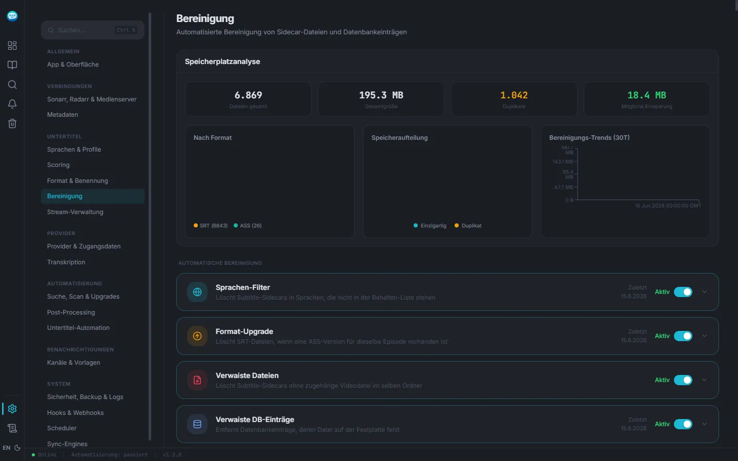 Bereinigungs-Übersicht in Sublarr mit Speicheranalyse, sechs Bereinigungs-Reglern und Duplikat-Scanner