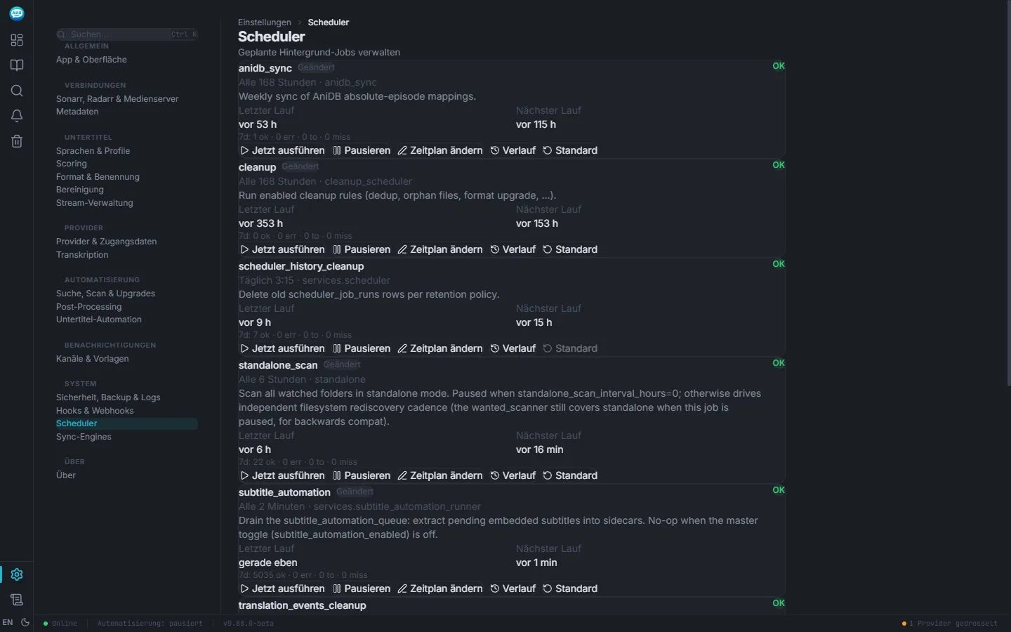 Scheduler-Übersicht in Sublarr mit allen Hintergrund-Jobs auf grün
