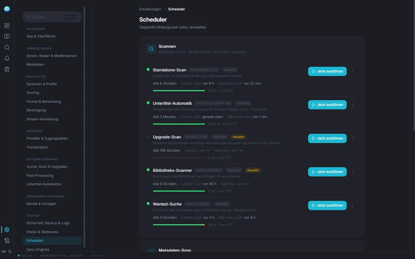 Scheduler-Übersicht in Sublarr mit allen Hintergrund-Jobs auf grün