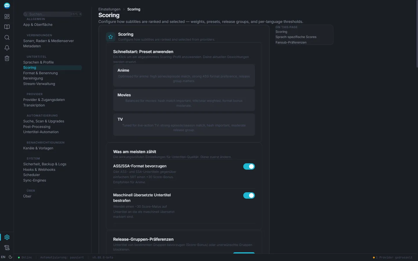 Sublarr Scoring-Einstellungen mit Quickstart-Presets für Anime, Filme und TV