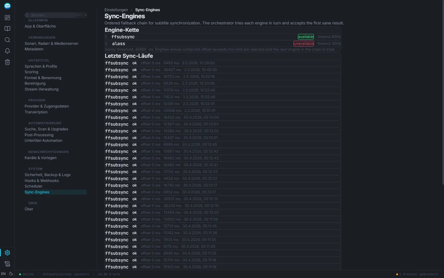Sync-Engines-Übersicht in Sublarr mit Engine-Kette und Liste erfolgreicher Sync-Läufe