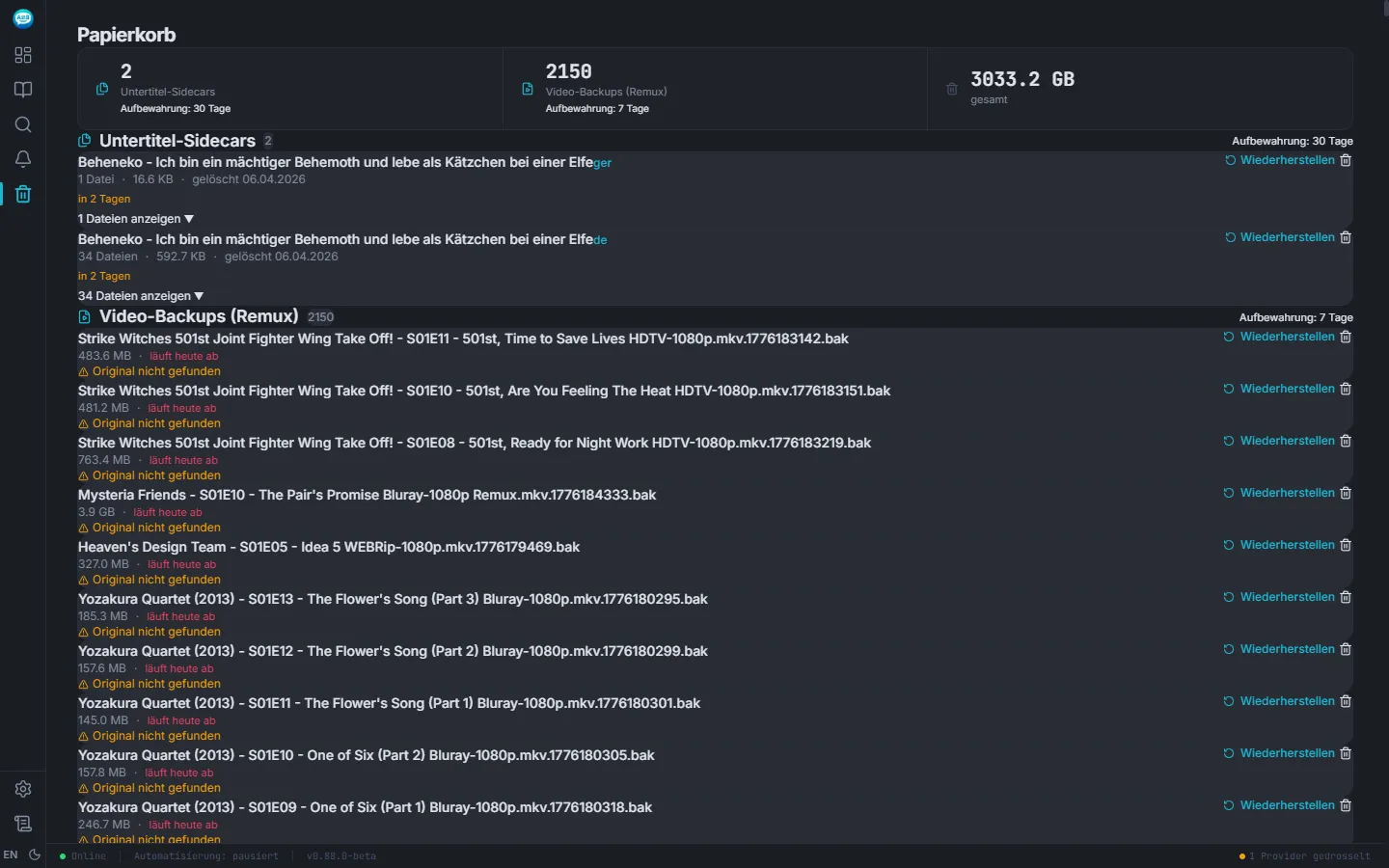 Sublarr Papierkorb mit Sidecar- und Video-Backups, jeweils mit Wiederherstellen-Button