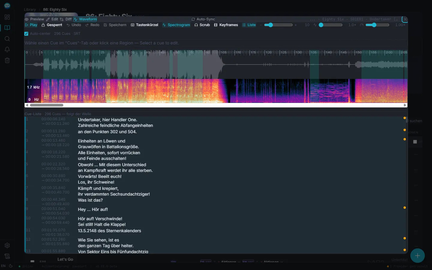 Sublarr Waveform-Editor mit Audio-Wellenform, Spektrogramm und 296 synchronen Untertitel-Cues