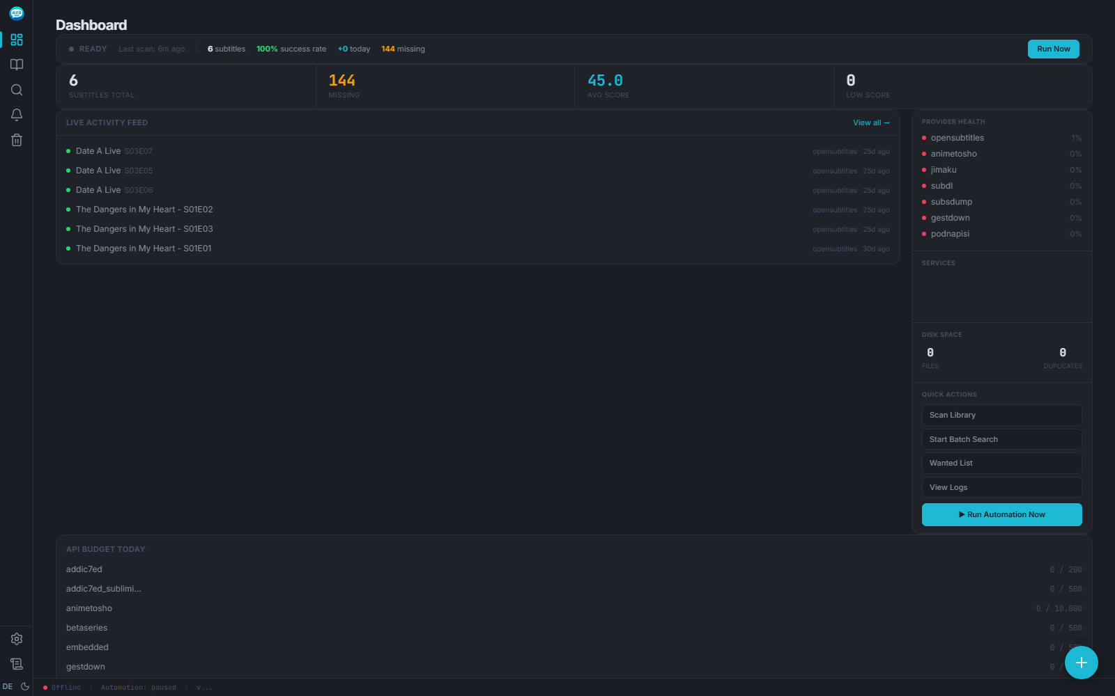 Sublarr dashboard after the first successful start, showing the empty library and the Add Series prompt.