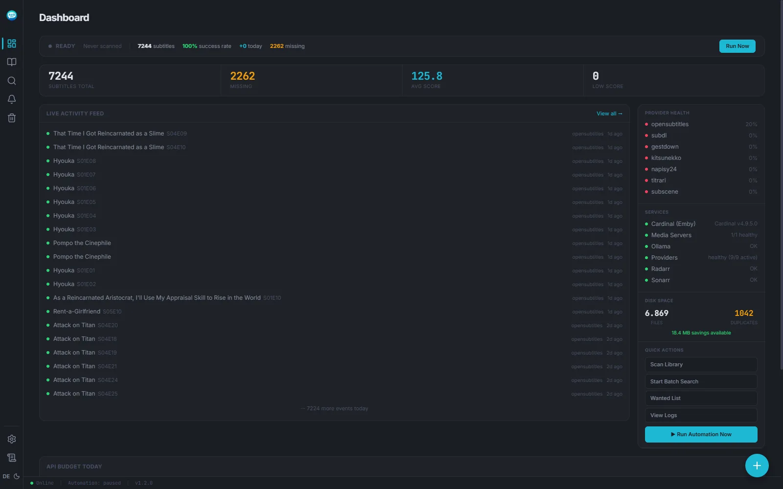 Sublarr dashboard after the first successful start, showing the empty library and the Add Series prompt.