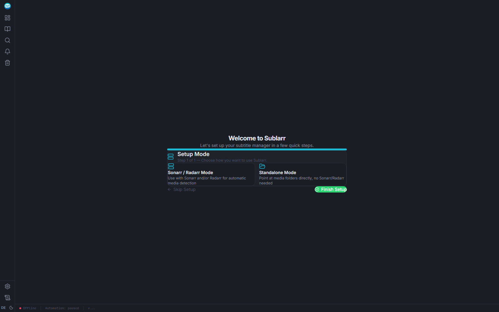 Onboarding wizard step 2 — Sonarr connection form.